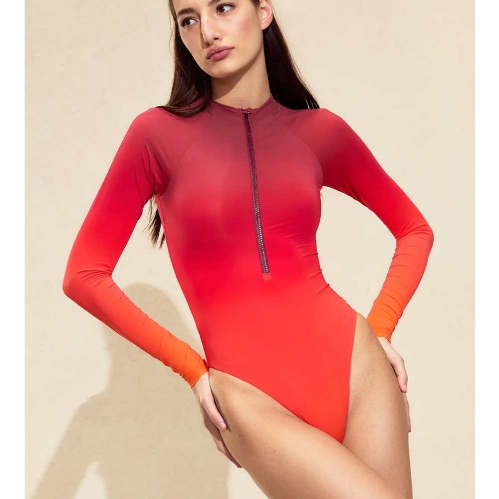 Cynthia Rowley Long-Sleeve Gradient One-Piece Swimsuit — Coral to Red